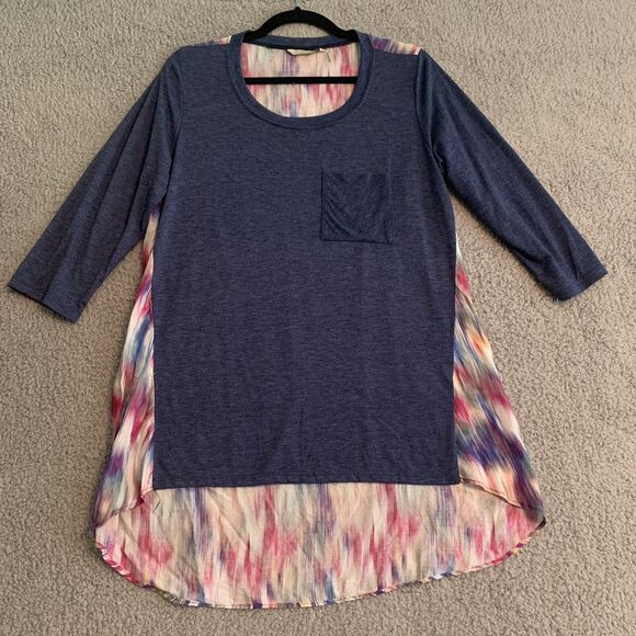 Soft Surroundings Small Blue Hi Low Pocket Tee Tunic with Watercolor Back Panel - Picture 1 of 7